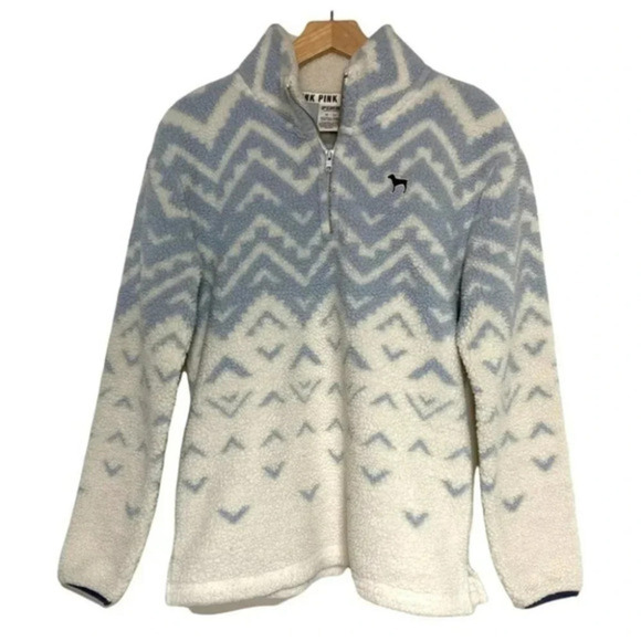 PINK VS XS‎ 1/4 zip blue + cream boyfriend geometric Sherpa fleece pullover - Picture 1 of 6
